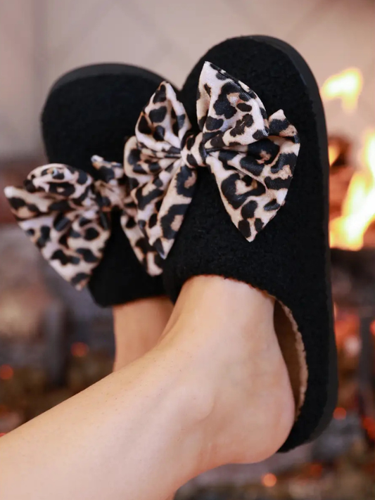 Cozy Bow Slippers - Black + Leopard