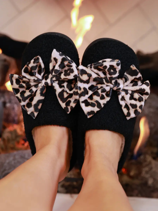 Cozy Bow Slippers - Black + Leopard