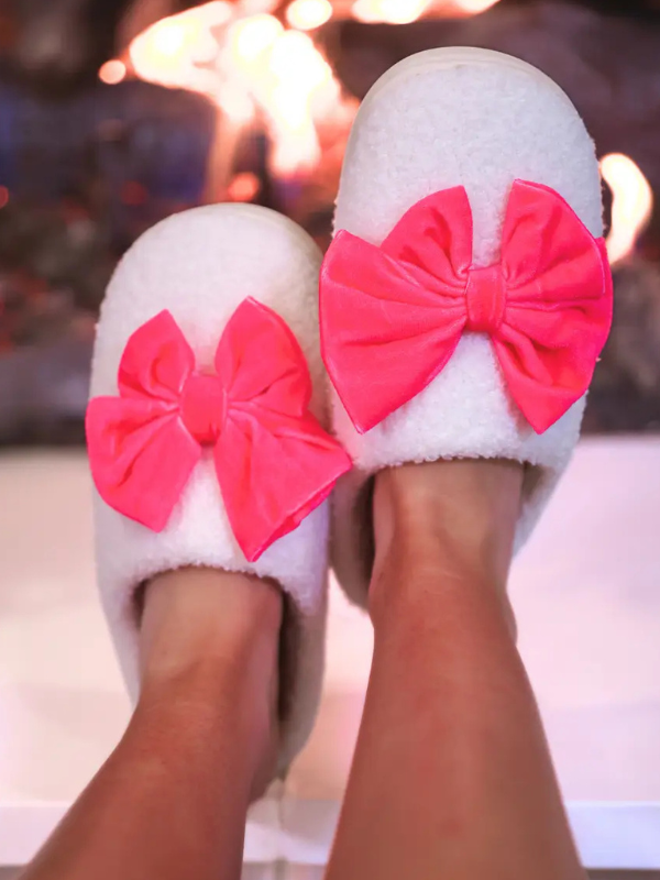 Cozy Bow Slippers - White + Hot Pink