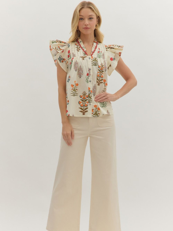 Cream Floral Flutter Sleeve V-Neck Top
