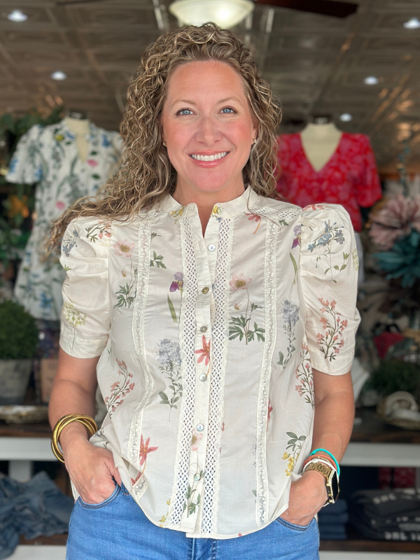 Cream Flower Puff Sleeve Top