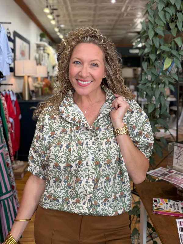 Cream + Olive Floral Button Up Top