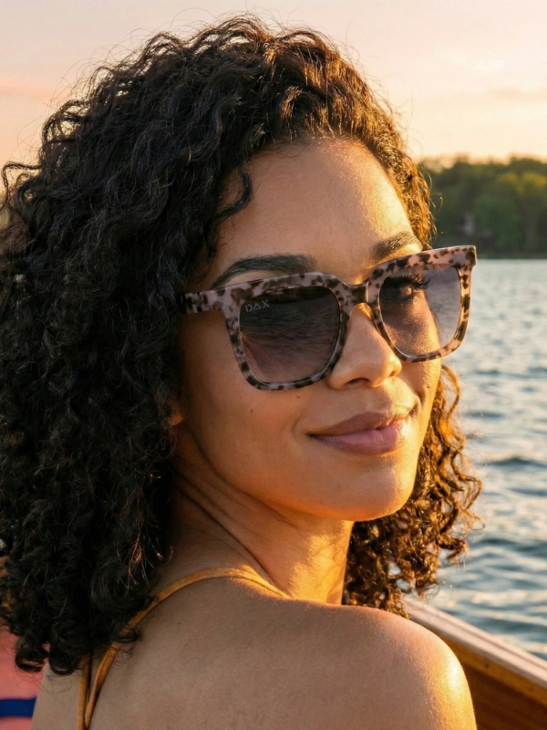 woman wearing sunglasses with grey cheetah frames and black lenses