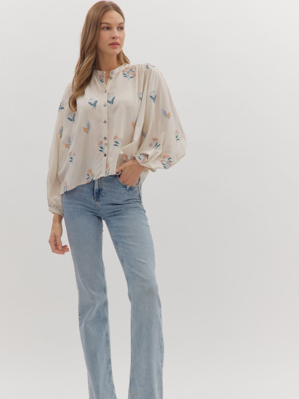 Ecru & Blue Floral Embroidered Top