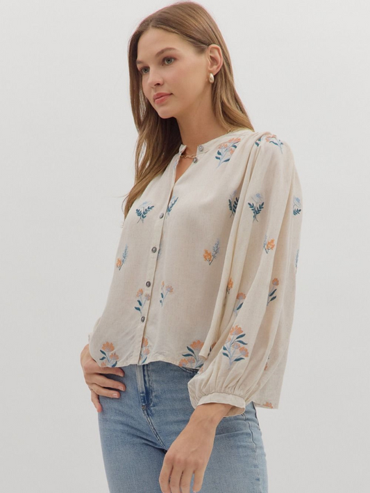 Ecru & Blue Floral Embroidered Top