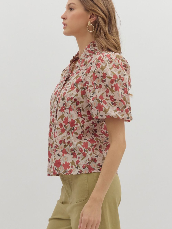 Ecru Floral Bubble Sleeve Top