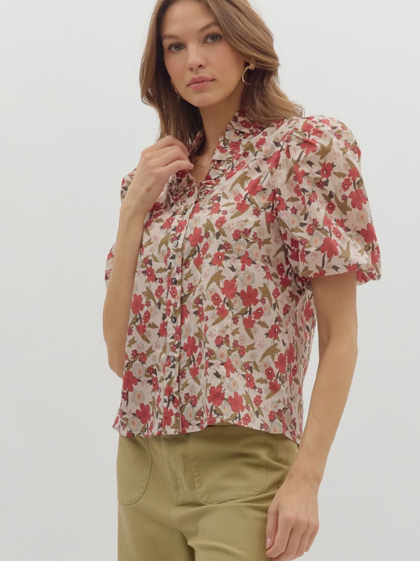 Ecru Floral Bubble Sleeve Top