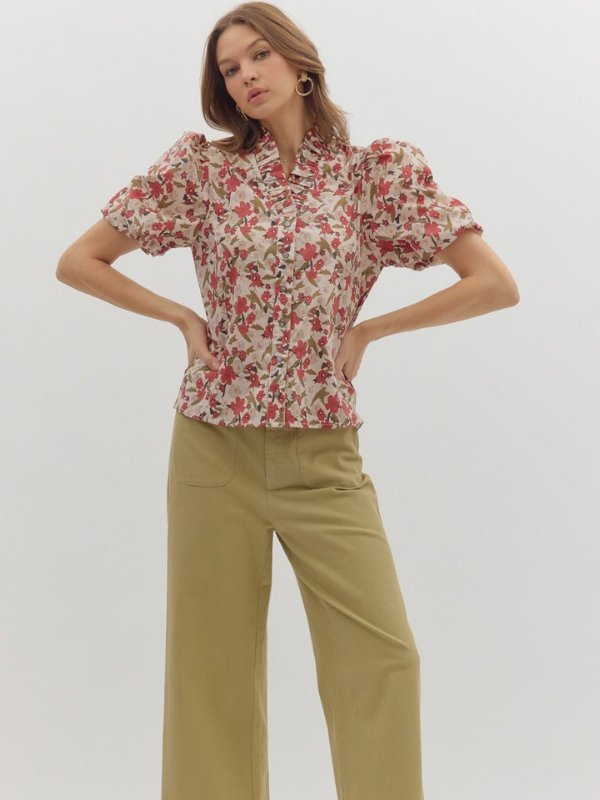 Ecru Floral Bubble Sleeve Top