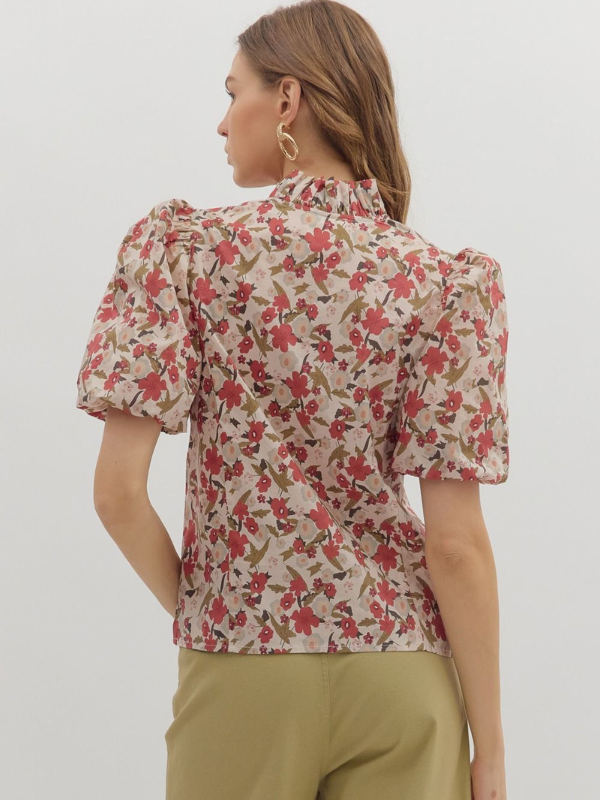 Ecru Floral Bubble Sleeve Top