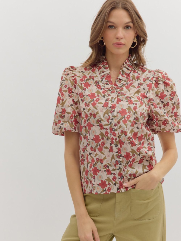 Ecru Floral Bubble Sleeve Top
