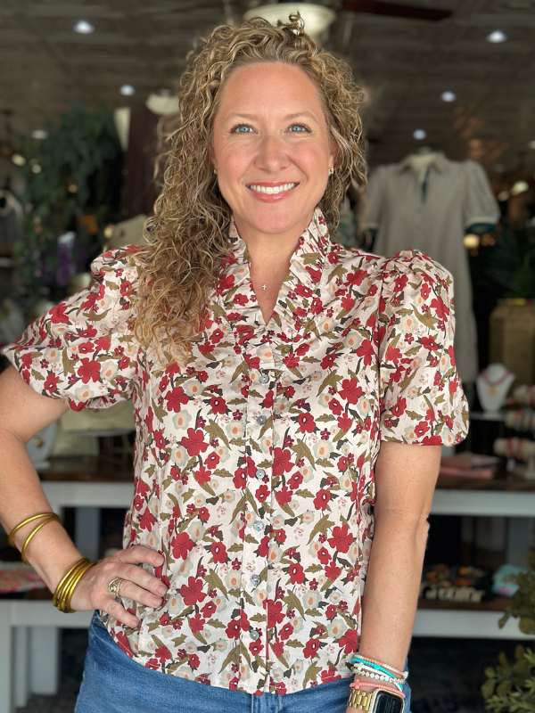 Ecru Floral Bubble Sleeve Top