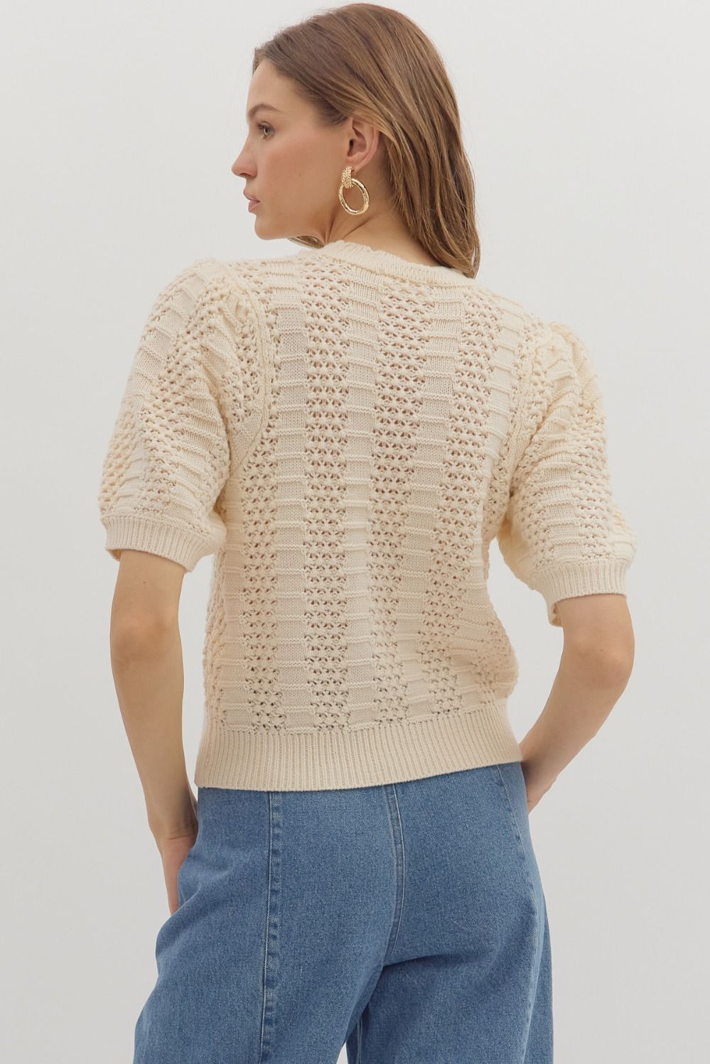 Ecru Short Sleeve Knit Pullover Sweater