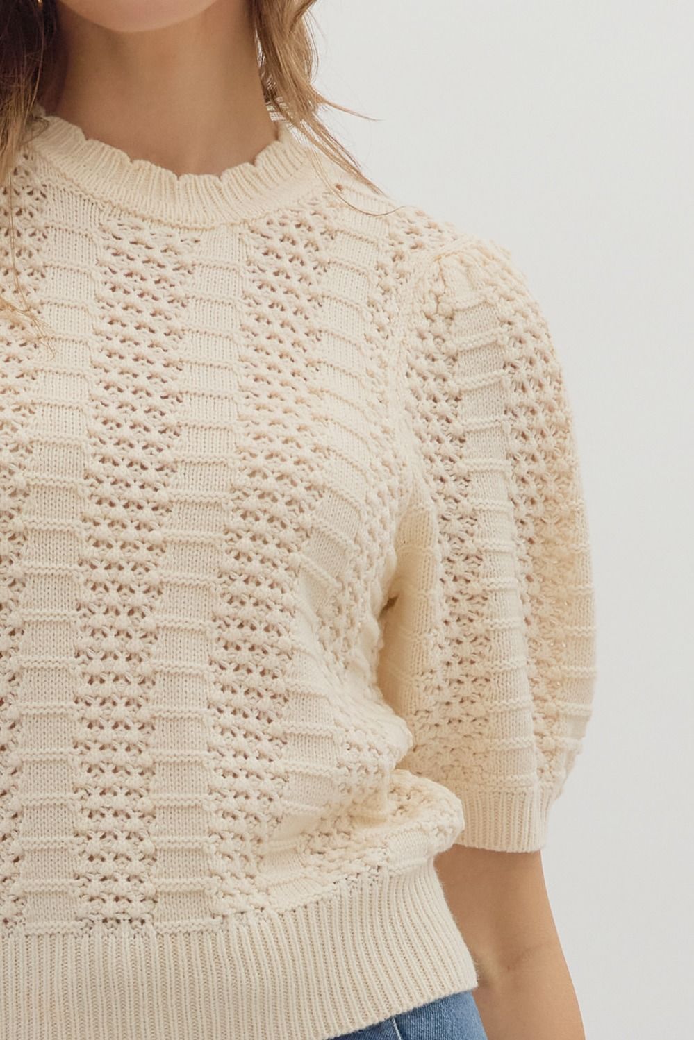 Ecru Short Sleeve Knit Pullover Sweater