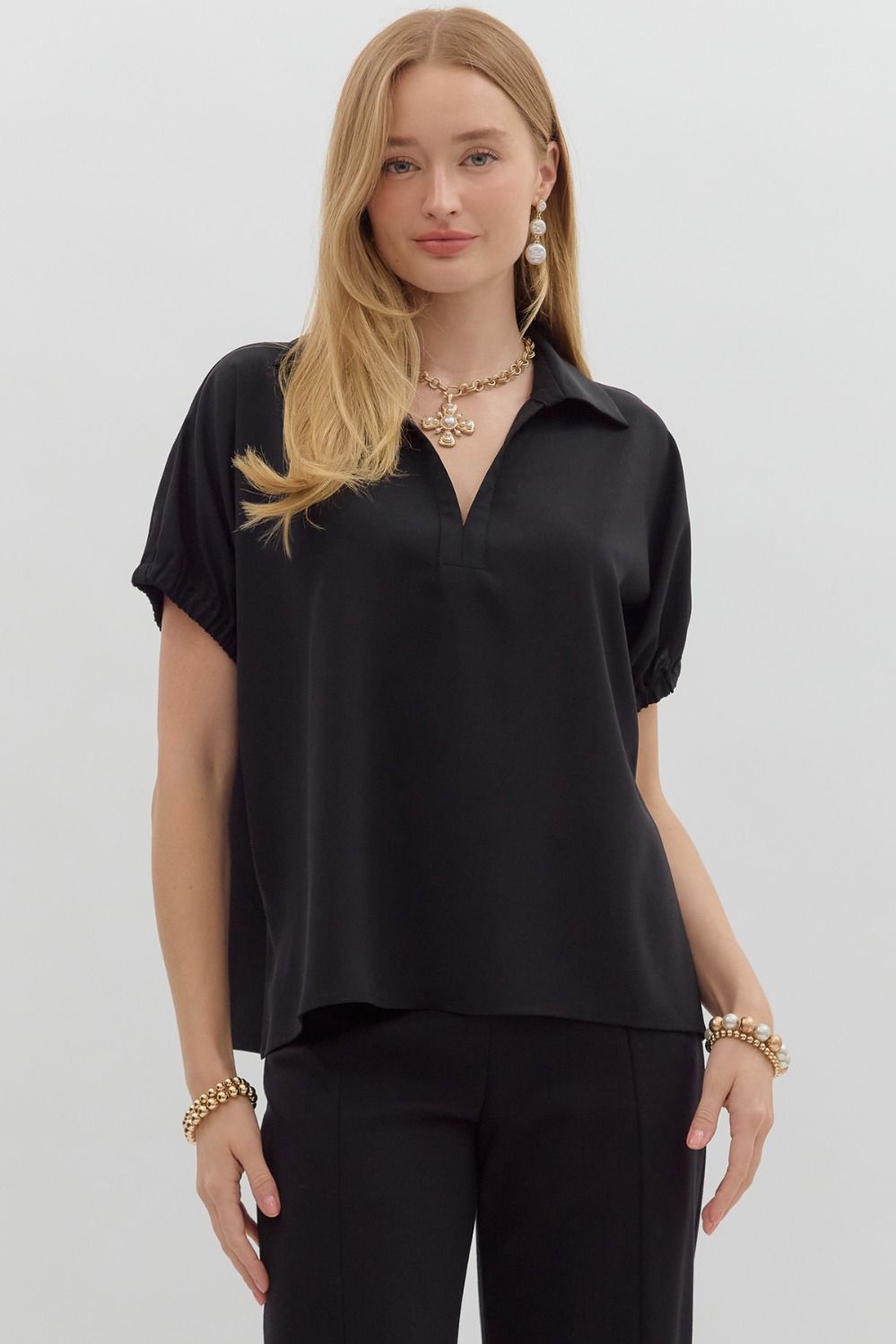 Black Short Sleeve Split Collar Top
