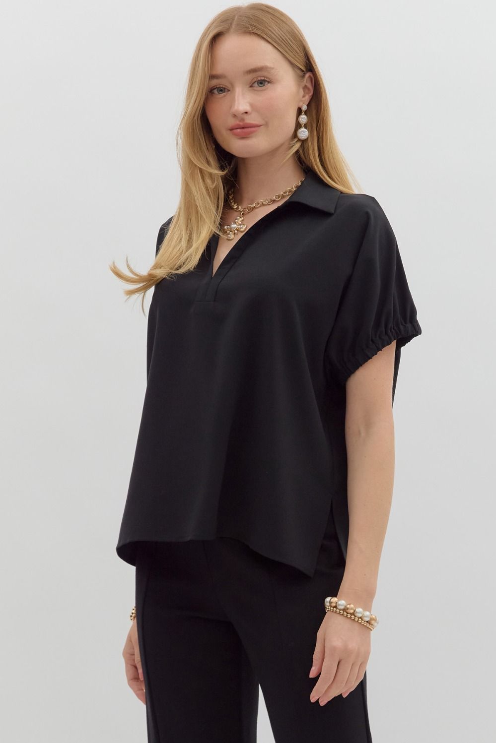 Black Short Sleeve Split Collar Top