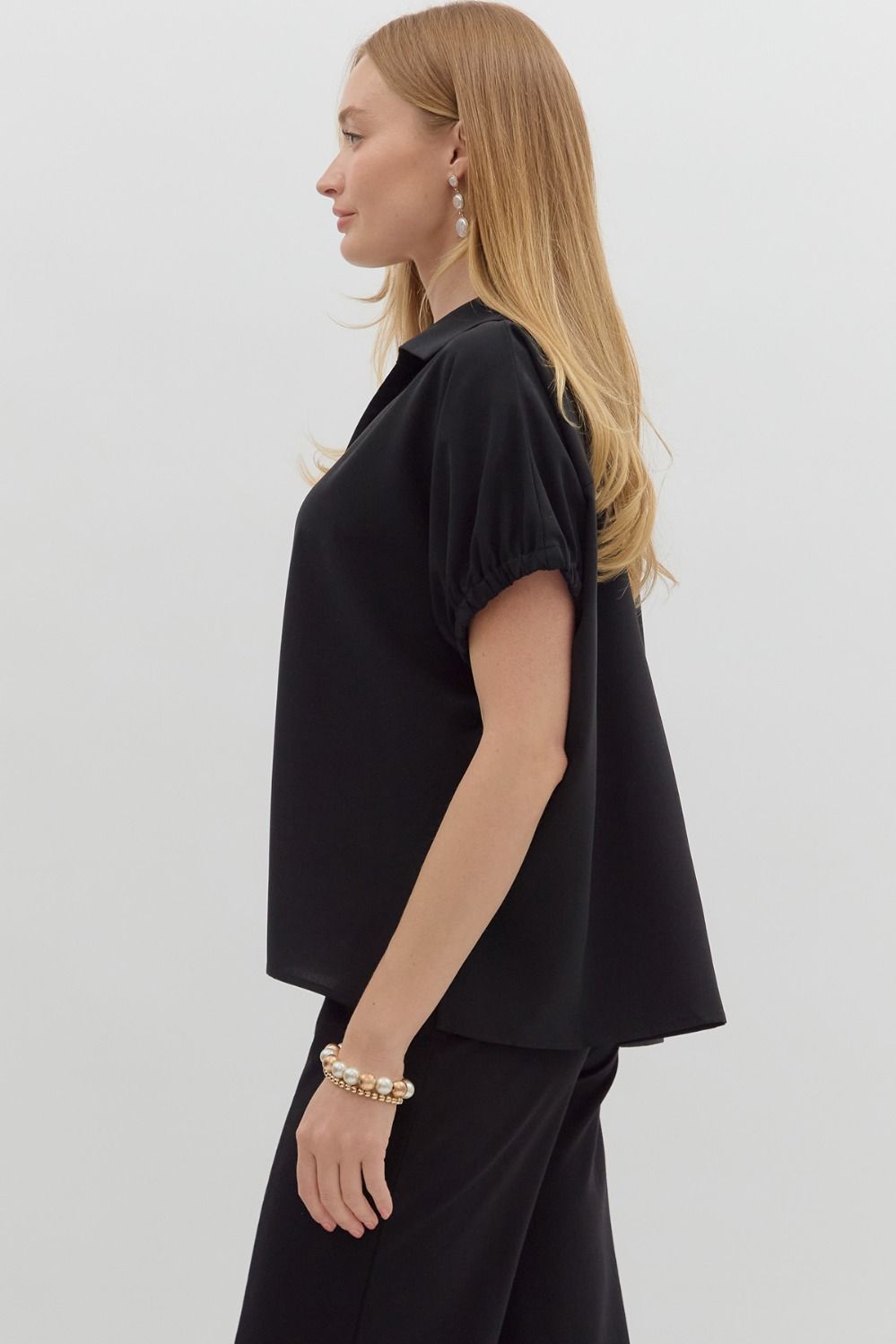 Black Short Sleeve Split Collar Top