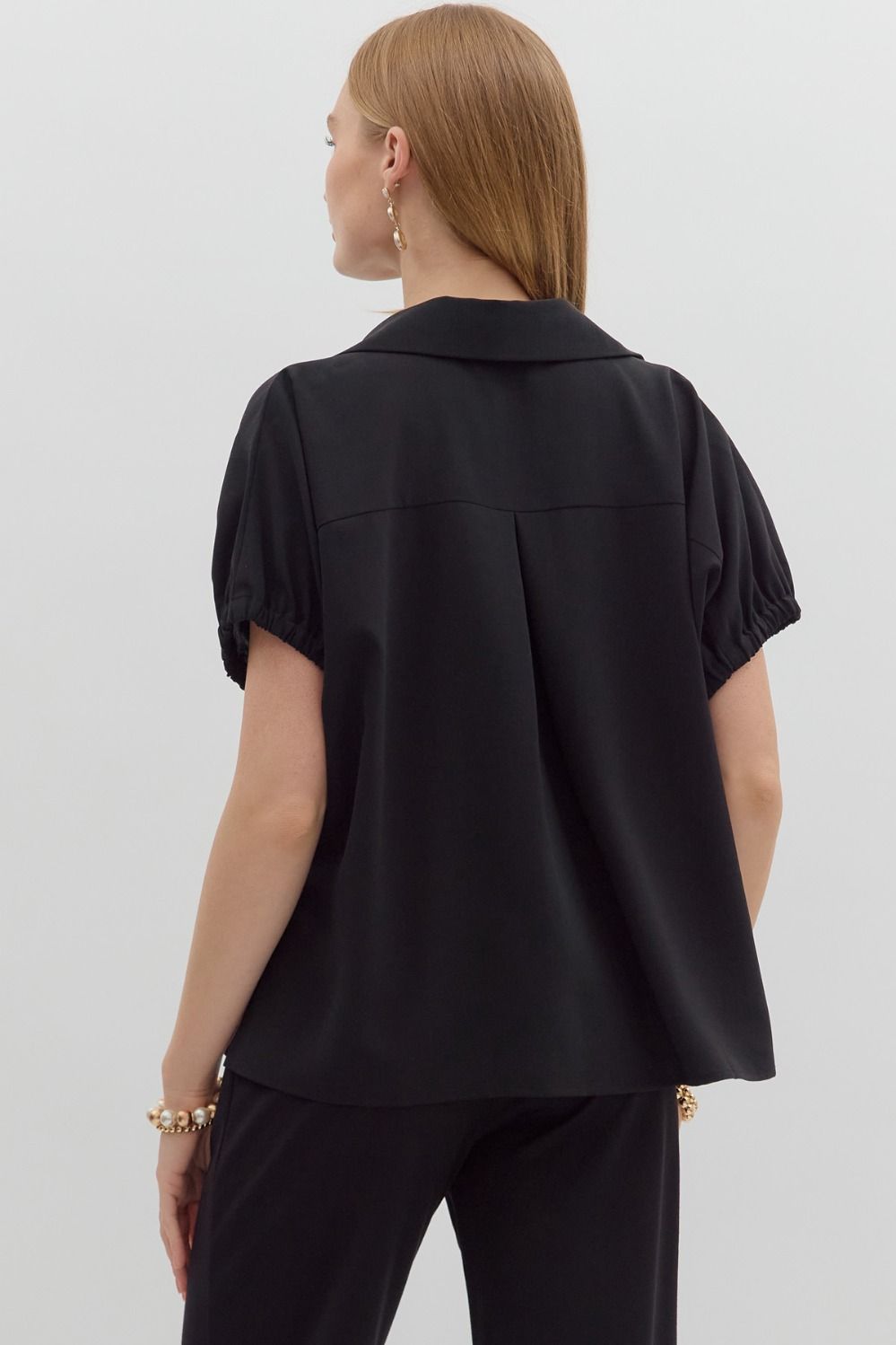 Black Short Sleeve Split Collar Top