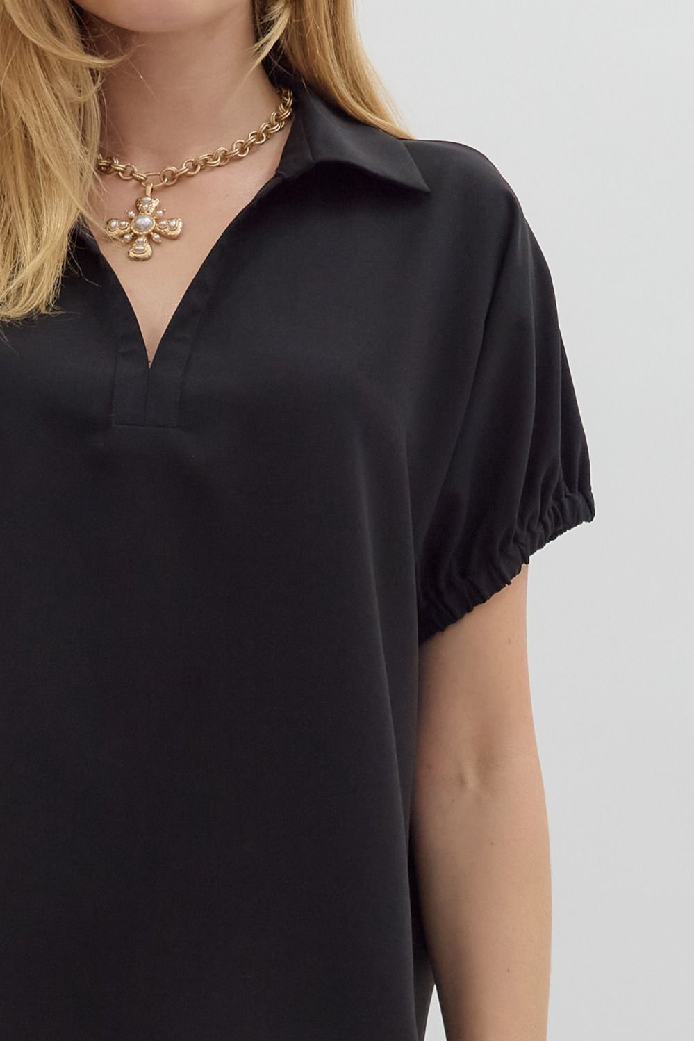 Black Short Sleeve Split Collar Top