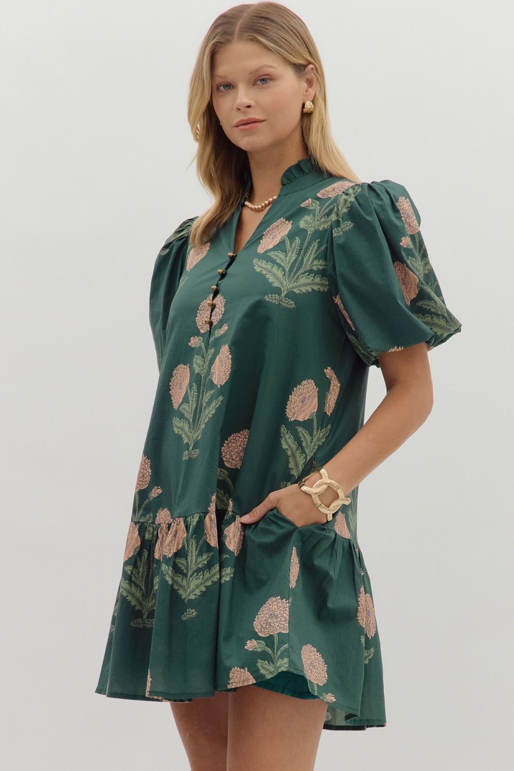Floral Short Bubble Sleeve Mini Dress