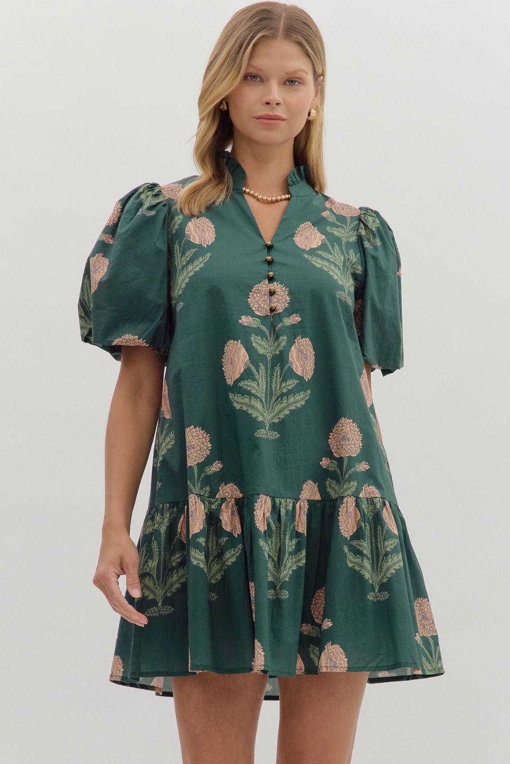Floral Short Bubble Sleeve Mini Dress