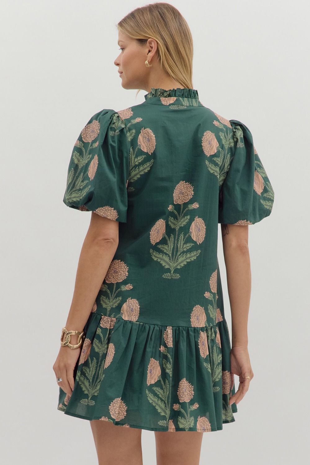 Floral Short Bubble Sleeve Mini Dress