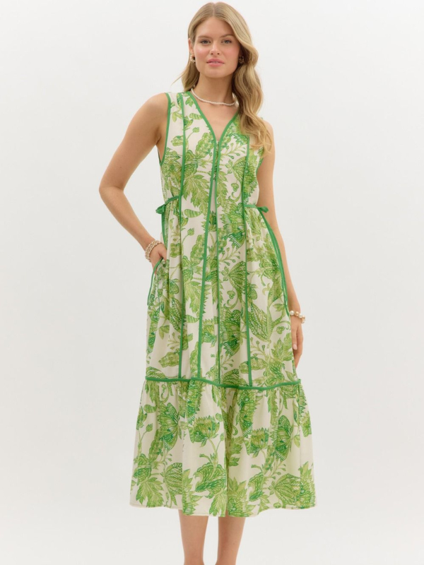 Grass Green Floral Midi Dress