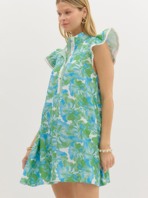 Green + Aqua Floral Ruffle Sleeve Mini Dress