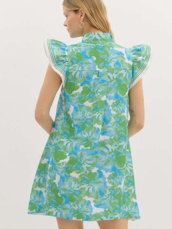 Green + Aqua Floral Ruffle Sleeve Mini Dress