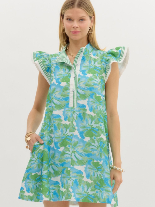 Green + Aqua Floral Ruffle Sleeve Mini Dress