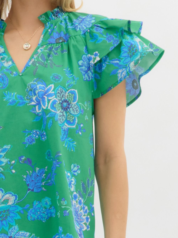 Green + Cobalt Blue Floral Ruffle Sleeve Top