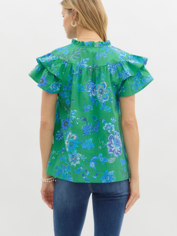 Green + Cobalt Blue Floral Ruffle Sleeve Top