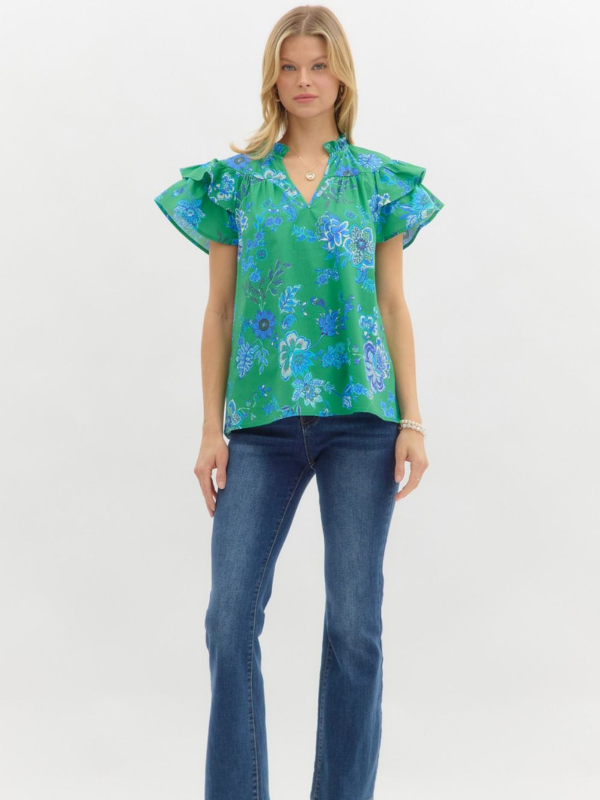 Green + Cobalt Blue Floral Ruffle Sleeve Top
