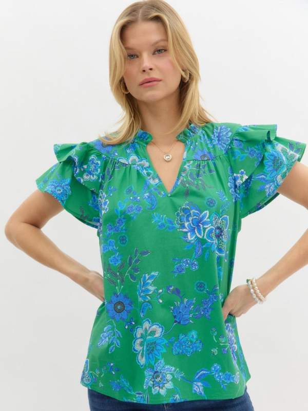 Green + Cobalt Blue Floral Ruffle Sleeve Top