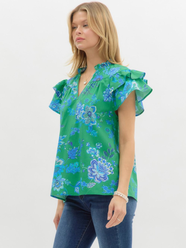 Green + Cobalt Blue Floral Ruffle Sleeve Top