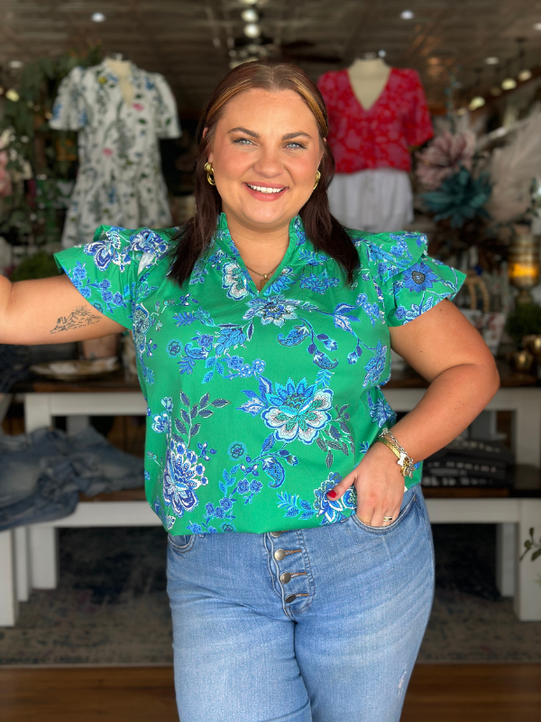 Green + Cobalt Blue Floral Ruffle Sleeve Top