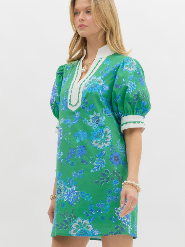 Green + Cobalt Floral Mini Dress