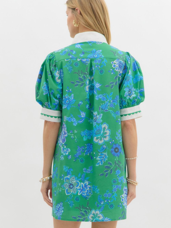 Green + Cobalt Floral Mini Dress
