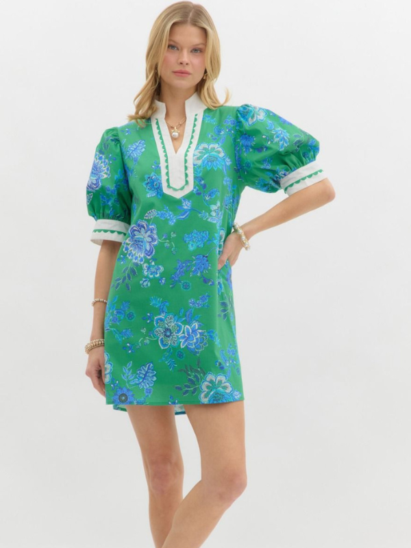 Green + Cobalt Floral Mini Dress