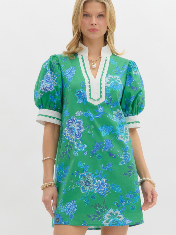 Green + Cobalt Floral Mini Dress
