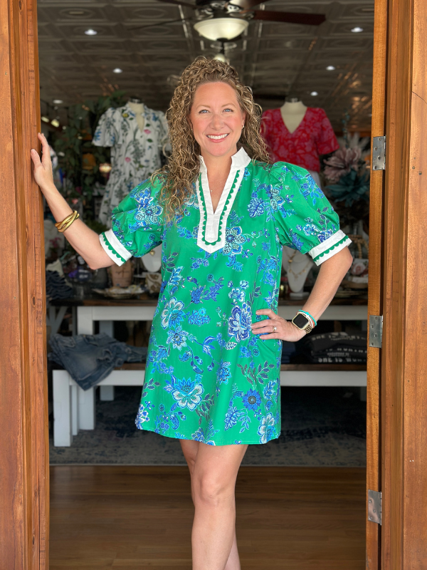 Green + Cobalt Floral Mini Dress