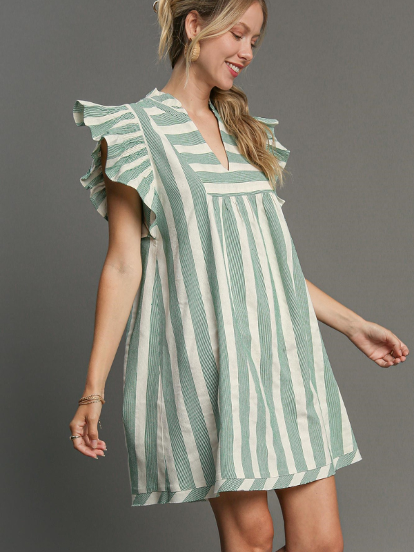 Green + Cream Striped A Line Dress