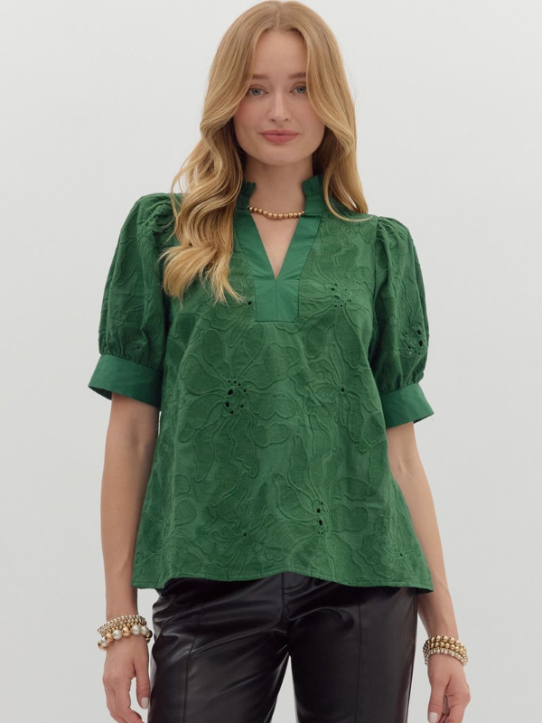 Green Floral Embroidered Top