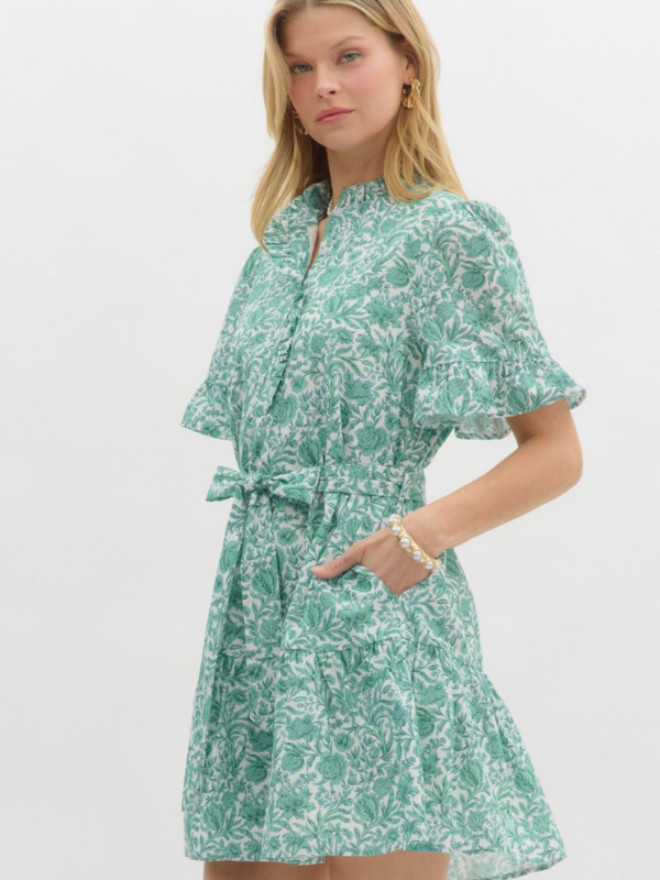 Green Floral Tie Waist Mini Dress