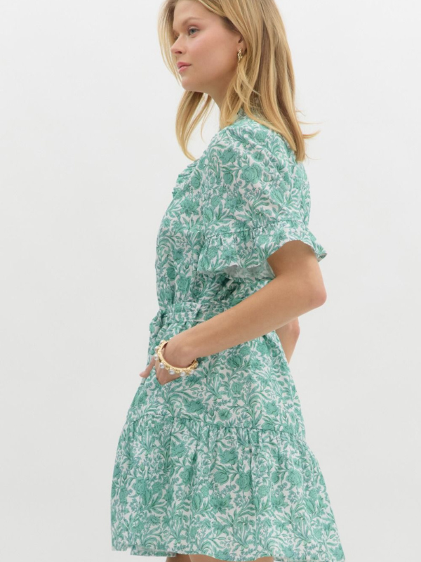 Green Floral Tie Waist Mini Dress