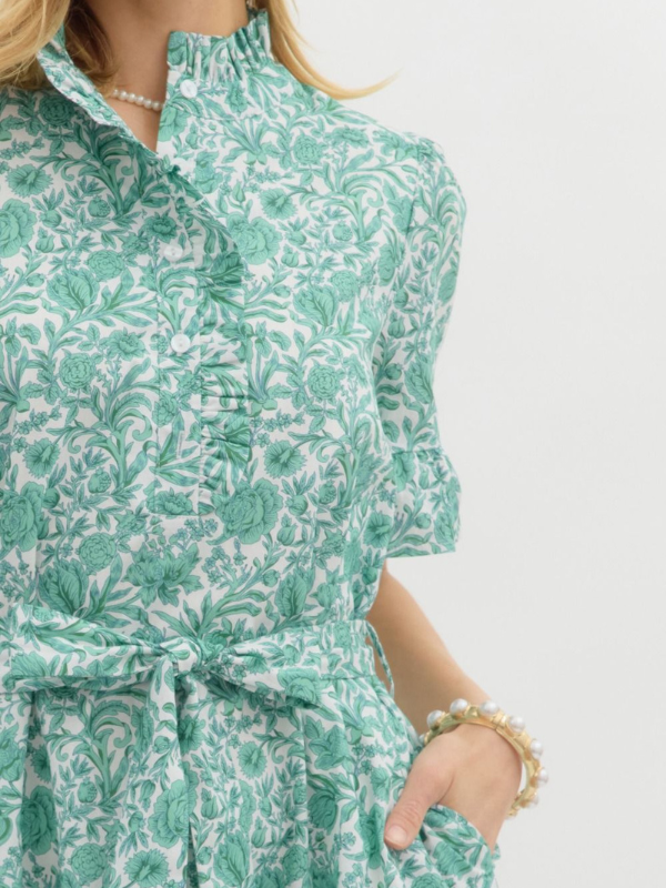 Green Floral Tie Waist Mini Dress
