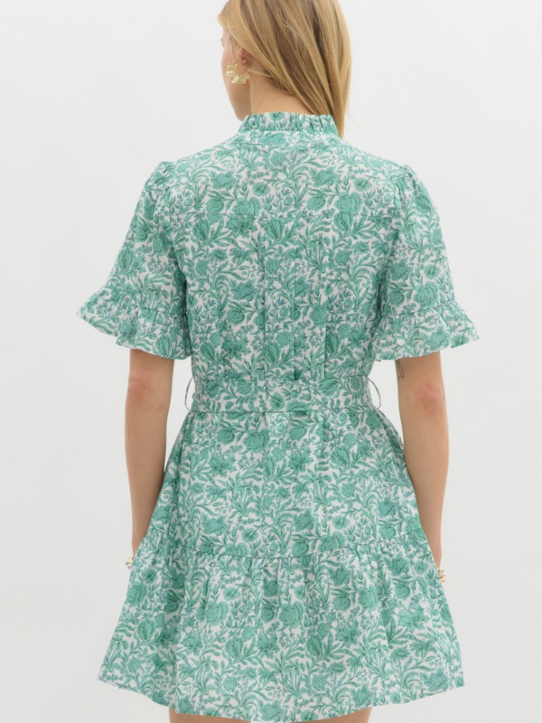 Green Floral Tie Waist Mini Dress
