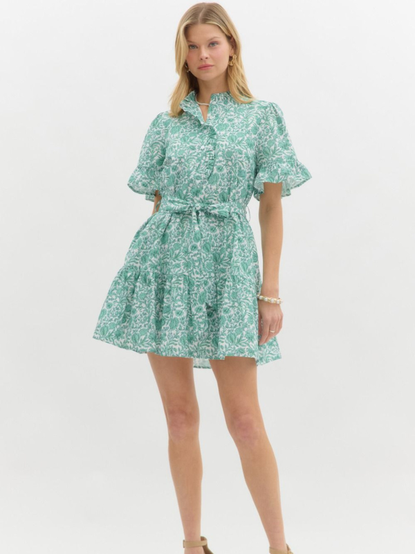 Green Floral Tie Waist Mini Dress