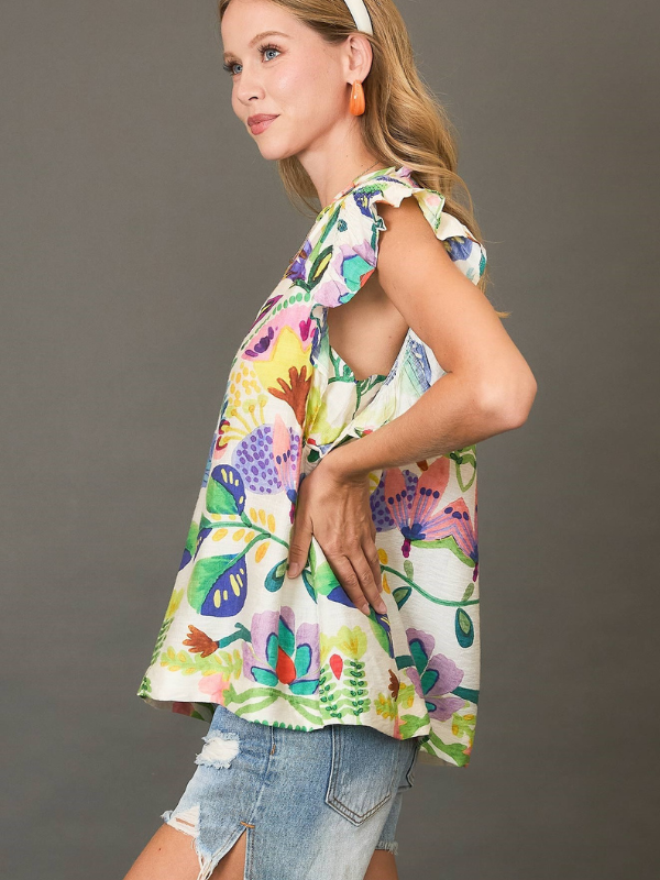 Green Mix Floral Ruffle Sleeve Top