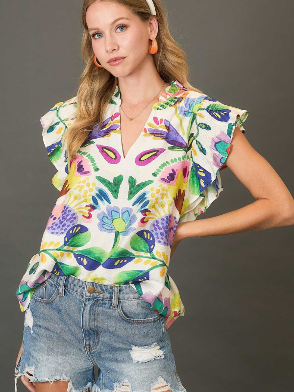 Green Mix Floral Ruffle Sleeve Top