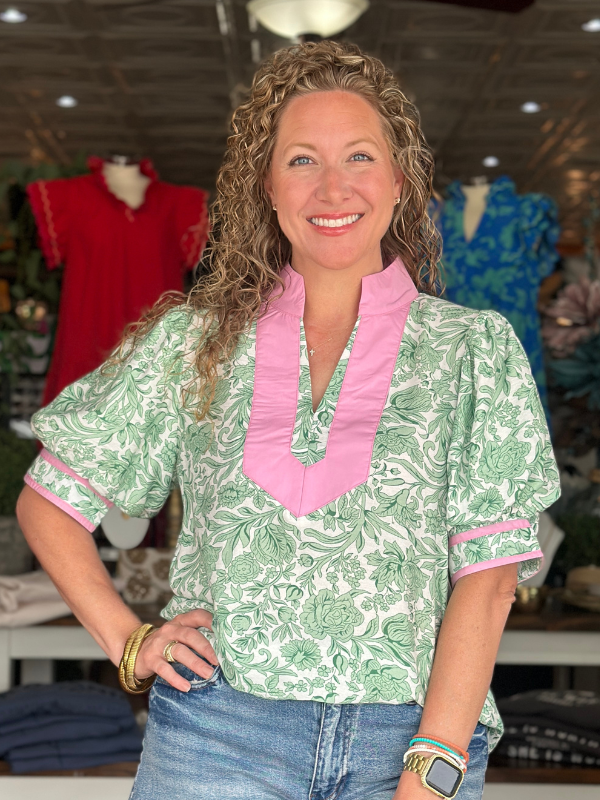 Green + Pink Floral Print Puff Sleeve Top